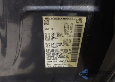 2012 Nissan Pathfinder Le z USA, uszkodzony, nr VIN 5N1AR1NB5CC608394